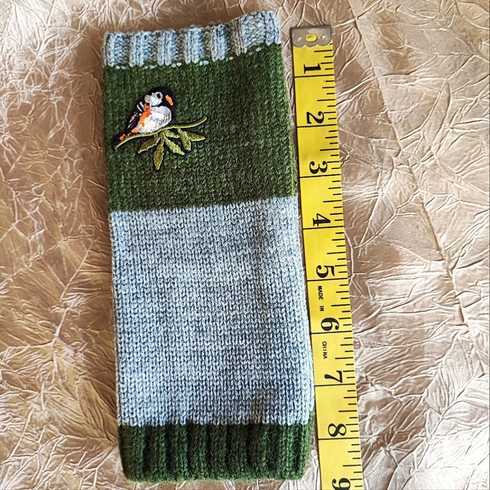 Fingerless Warm Gloves Thumb Holes Olive Green Gray Embroidered Birds Mittens